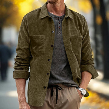 AIDASE  -  Long Sleeve Button-up Turn-down Collar Men Shirt Jacket Streetwear Vintage Solid Color Tops Retro Pocket Striped Corduroy Shirts aidase-shop